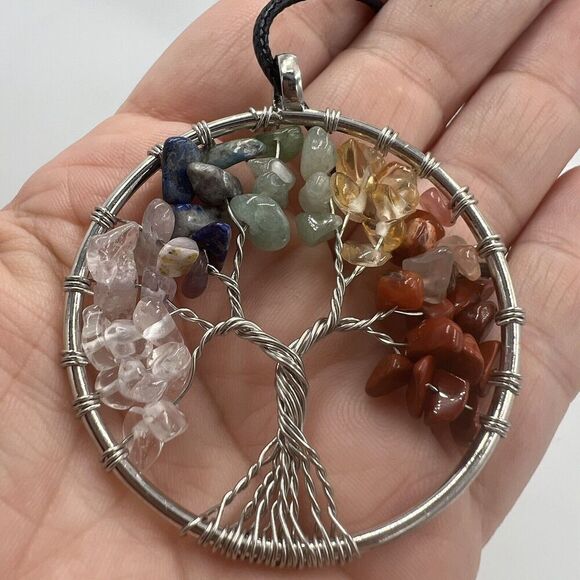 Natural Gemstone Tree Of Life Necklace Chakra Healing Wire Wrap Handmade Vegan - Picture 2 of 11
